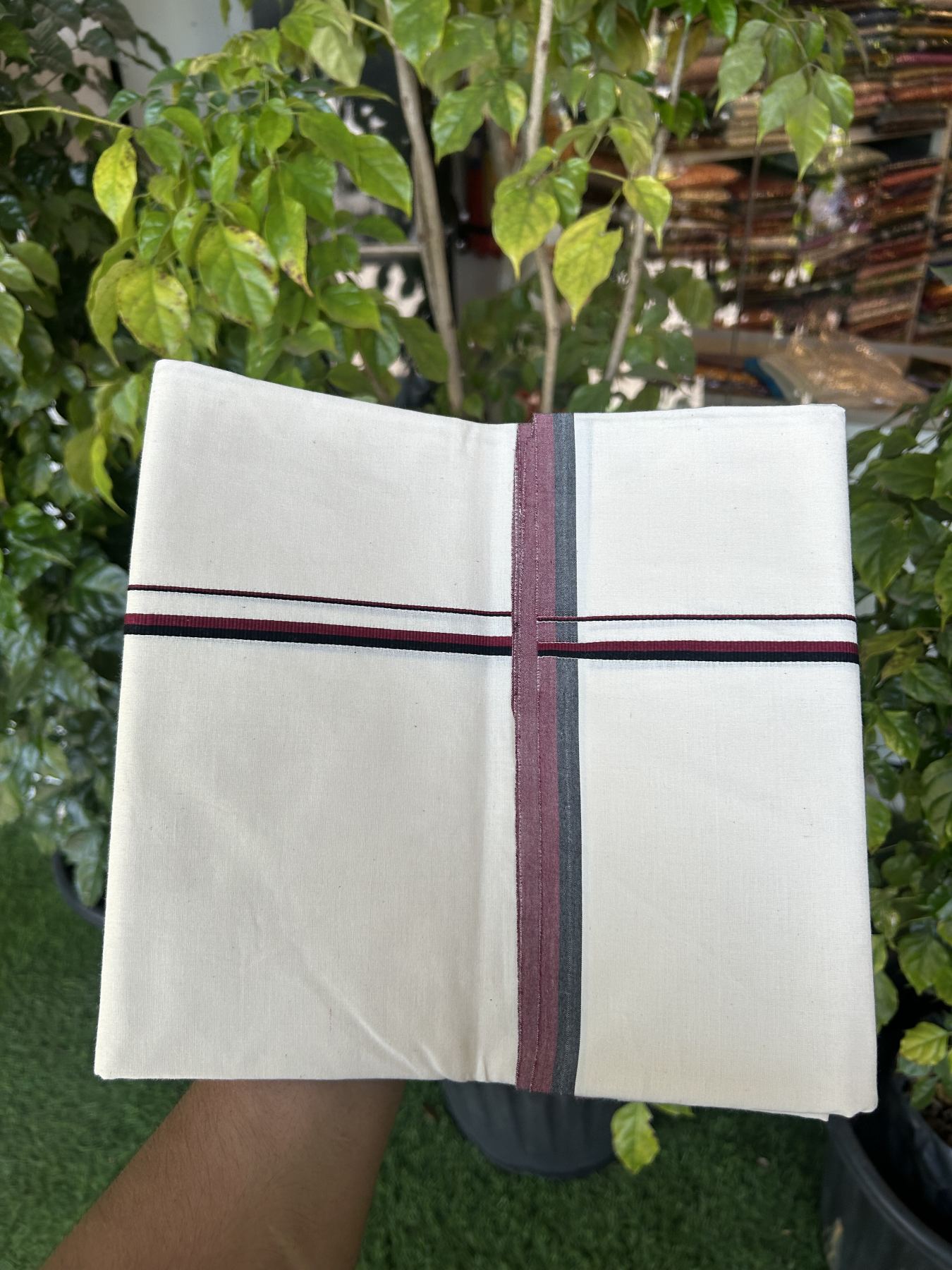 DMK Veshti - 20% Discount ! KaithariKada Balaramapuram 100% Cotton Single Off White - (Unbleached) Mundu/Dhoti- 100X100 - 0.25 inch Maroon & Black Kara (2 metre /4 muzham) - 1 KK5323 ASH