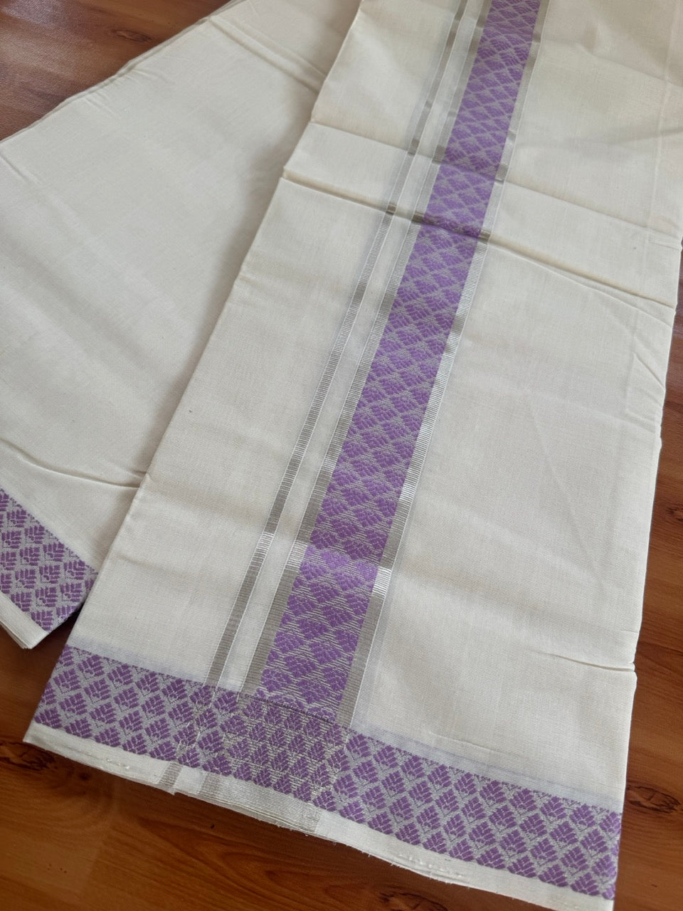 25% Discount ! Kaitharikada Handloom Unakkupaav - Kerala Handloom - 100% Pure Cotton Off White - (Unbleached) Double Mundu/Dhoti - 100x80 - 2 inch Silver Kasav & Lavander Jacquard Design Kara 4 mtr (8.5 Muzham) - 3 KK5503 SOM