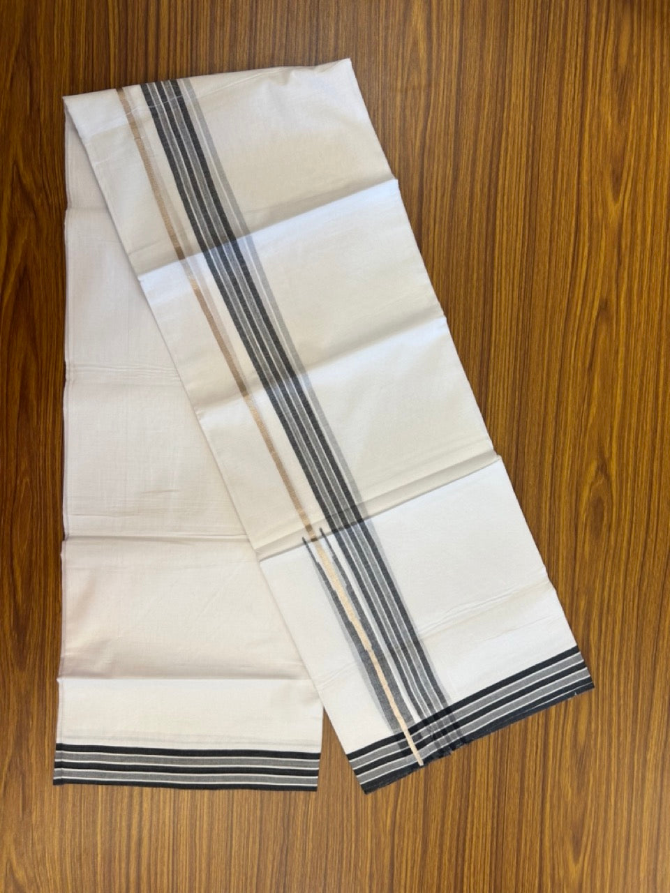 20% Discount ! Kaitharikada Balaramapuram 100% Pure Cotton Double Pure White Mundu/Dhoti - 100x80 - 1.25 inch Silver Kasav Black shaded striped chutty 3.90 mtr (8.5 muzham) - 65 KK5287 PMC