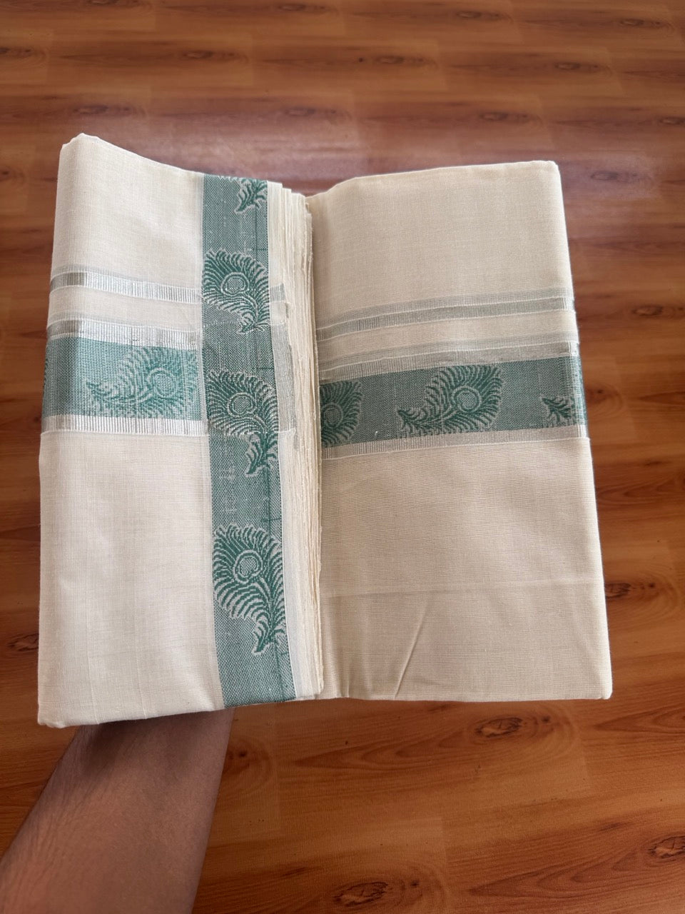 25% Discount ! Kaitharikada Handloom Unakkupaav - Kerala Handloom - 100% Pure Cotton Off White - (Unbleached) Double Mundu/Dhoti - 100x80 - 2 inch Silver Kasav & Pista Green Jacquard Design Kara 4 mtr (8.5 Muzham) - 4 KK5503 SOM