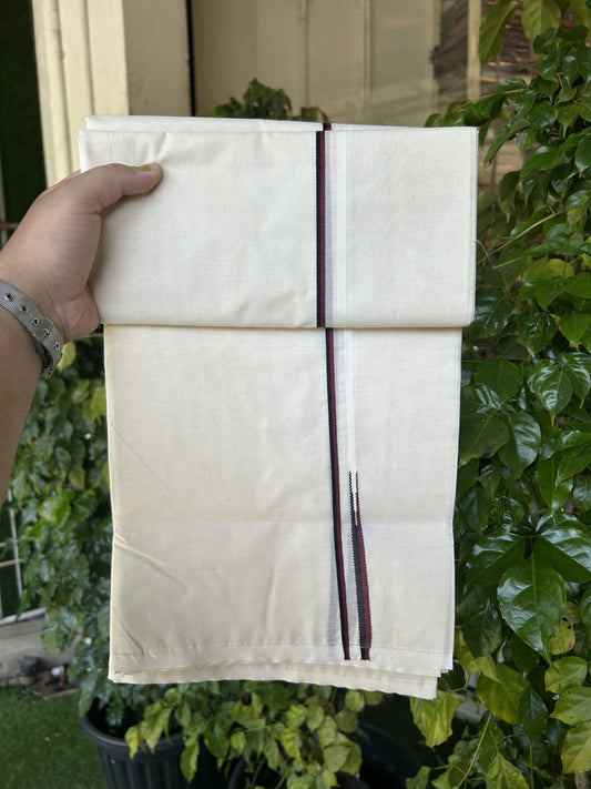 DMK Veshti - 20% Discount ! KaithariKada 100% Cotton off white Double - (Unbleached) Mundu/Dhoti - 100X100 - 0.5 cm Puliyilakkara Black & Maroon chutty - 3 KK5323 ASH