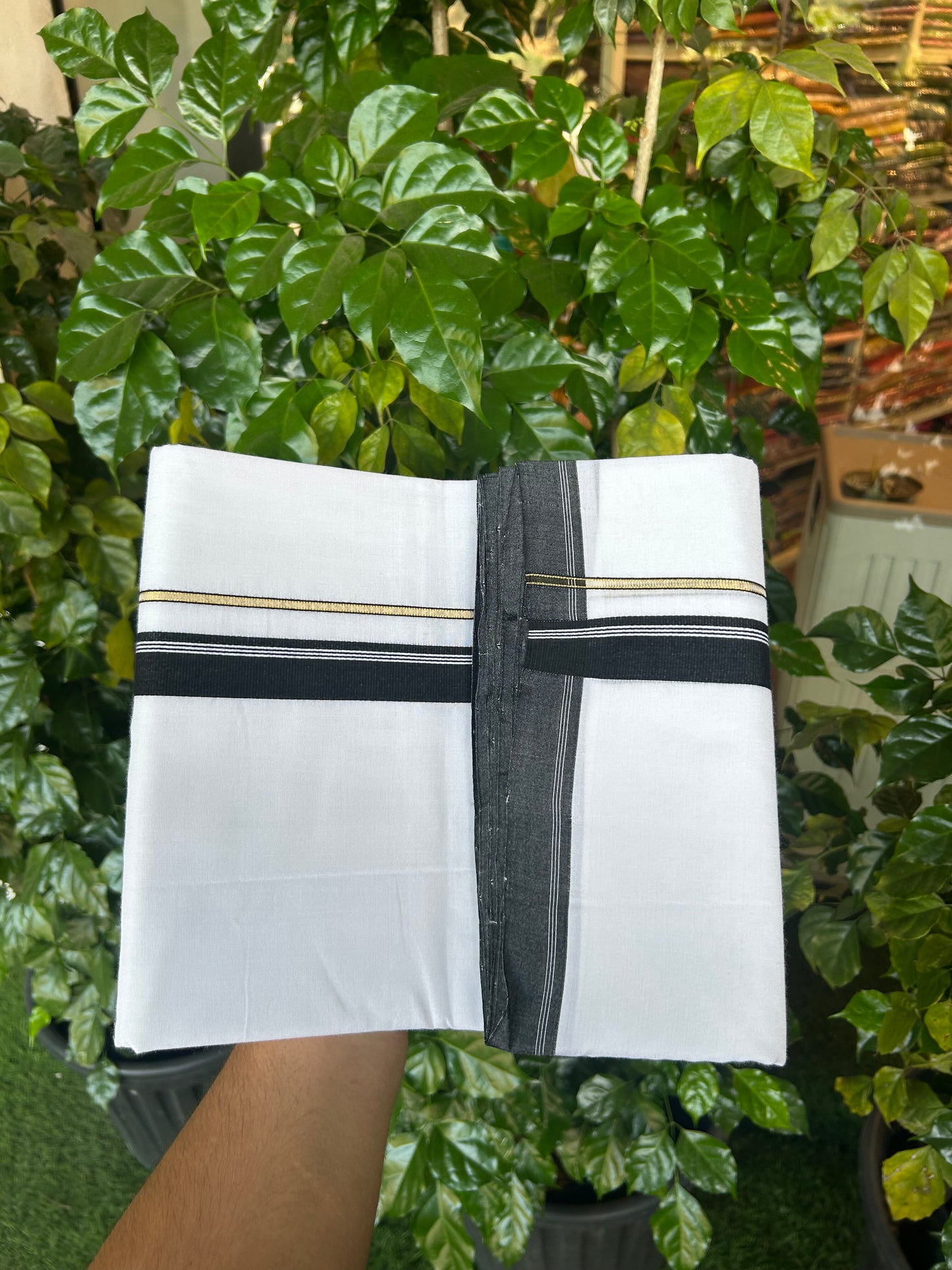25% Discount!! New Ultra Pure White Thread Handloom - Kerala Handloom - 100% Mercerised Cotton Double Mundu/Dhoti - 120 twisted warp x 80s weft - 1 inch Pure Jerry Gold Kasav & Black Stripes Kara - 70 KK5353 REA