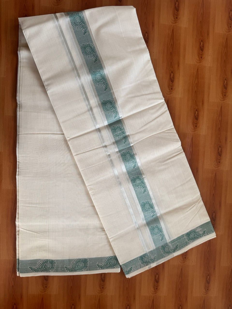 25% Discount ! Kaitharikada Handloom Unakkupaav - Kerala Handloom - 100% Pure Cotton Off White - (Unbleached) Double Mundu/Dhoti - 100x80 - 2 inch Silver Kasav & Pista Green Jacquard Design Kara 4 mtr (8.5 Muzham) - 4 KK5503 SOM