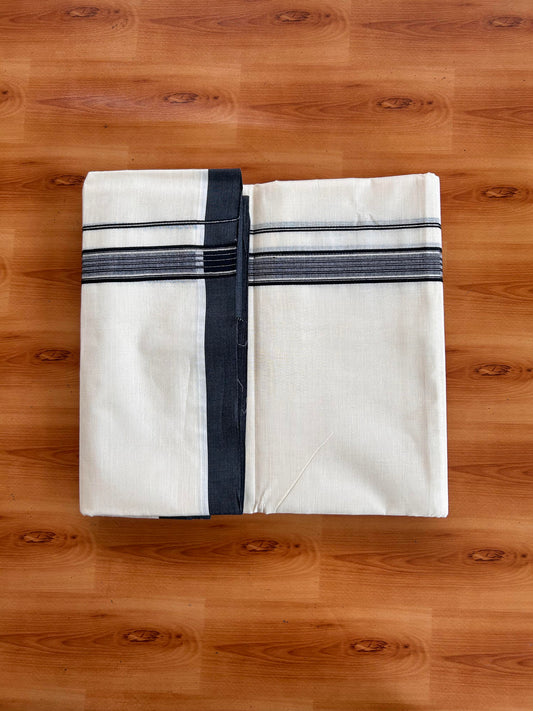 Double Off White (Unbleached) Mundu/Dhoti - 20% Discount! Kaitharikada 100% Pure Cotton - 100x80 - 1 inch Silver Kasav & Black striped shaded Kara 4 mtr (8.5 muzham) - 3 KK5540 PMC