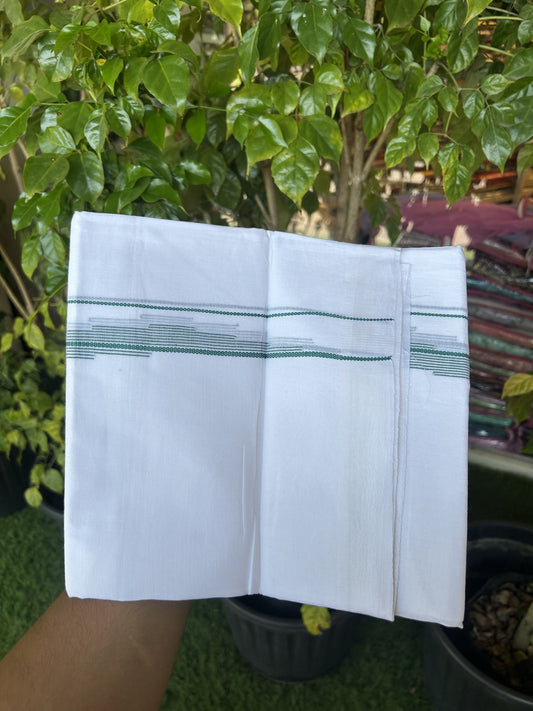 20% Discount ! Kaitharikada Balaramapuram 100% Cotton Pure White Double Mundu/Dothi - 100x80 - 0.75 inch Green Stripes Jacquard Design Kara 3.80 mtr (8 muzham) - 13 KK5323 THI