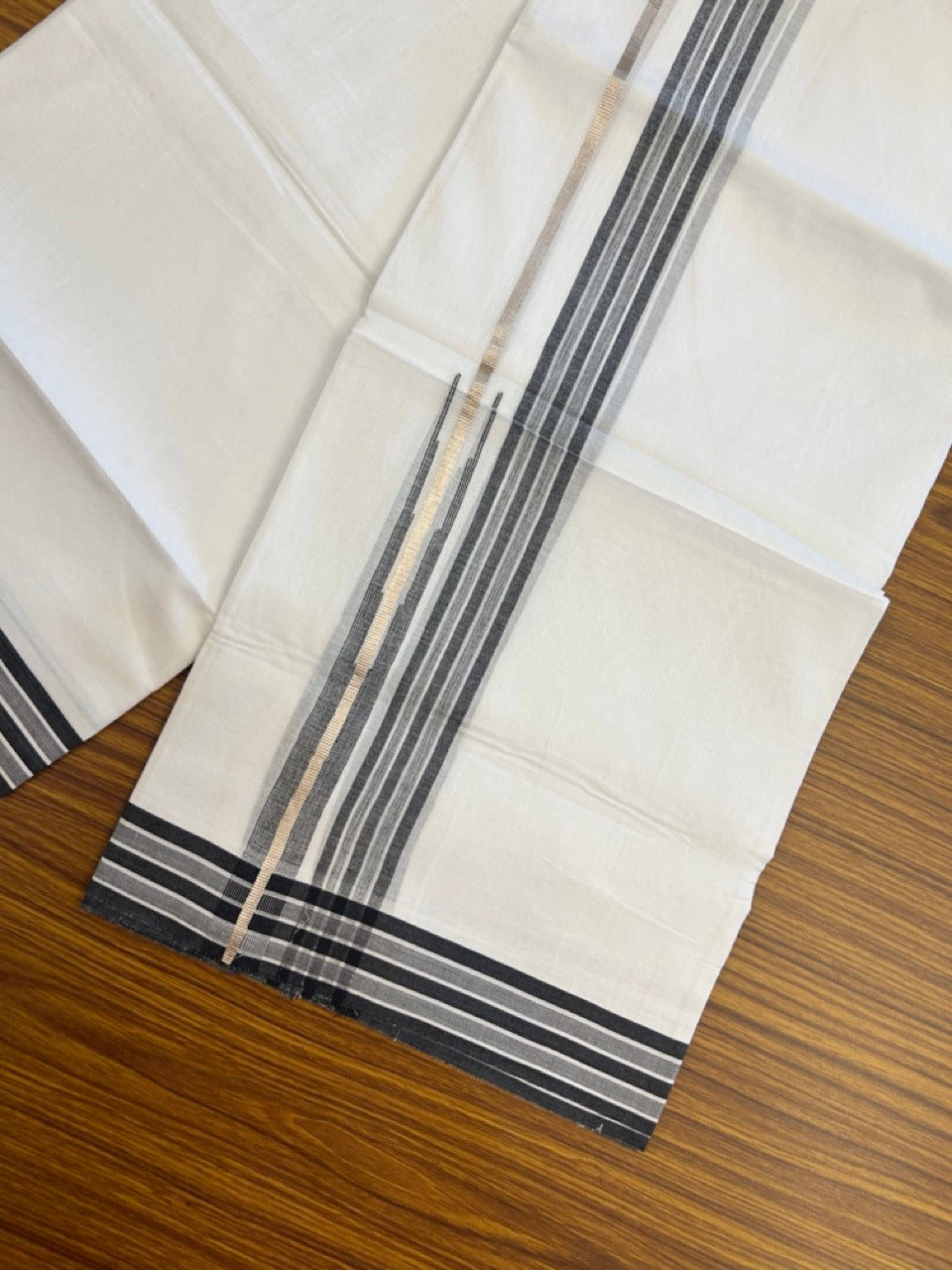 20% Discount ! Kaitharikada Balaramapuram 100% Pure Cotton Double Pure White Mundu/Dhoti - 100x80 - 1.25 inch Silver Kasav Black shaded striped chutty 3.90 mtr (8.5 muzham) - 65 KK5287 PMC