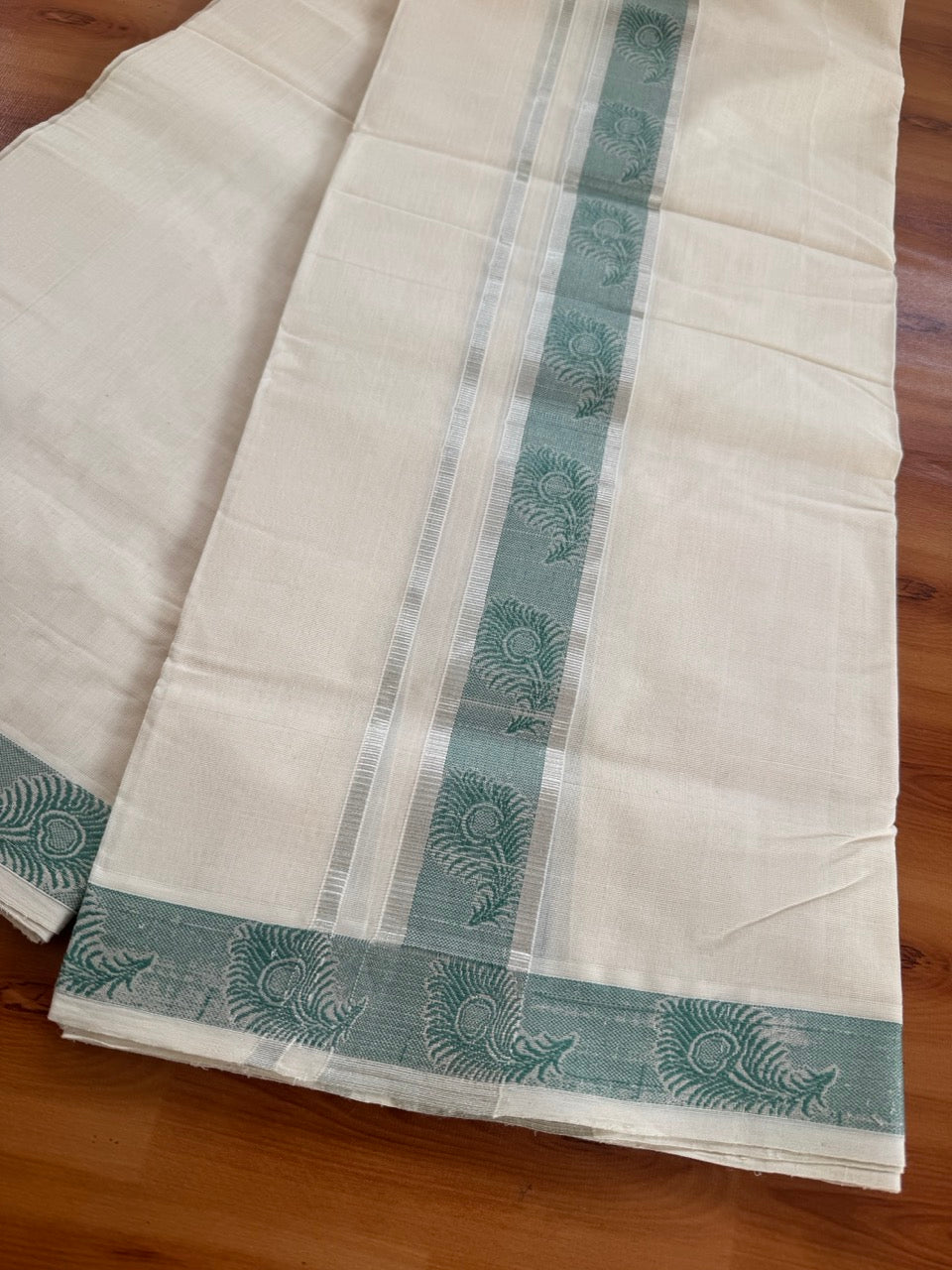 25% Discount ! Kaitharikada Handloom Unakkupaav - Kerala Handloom - 100% Pure Cotton Off White - (Unbleached) Double Mundu/Dhoti - 100x80 - 2 inch Silver Kasav & Pista Green Jacquard Design Kara 4 mtr (8.5 Muzham) - 4 KK5503 SOM
