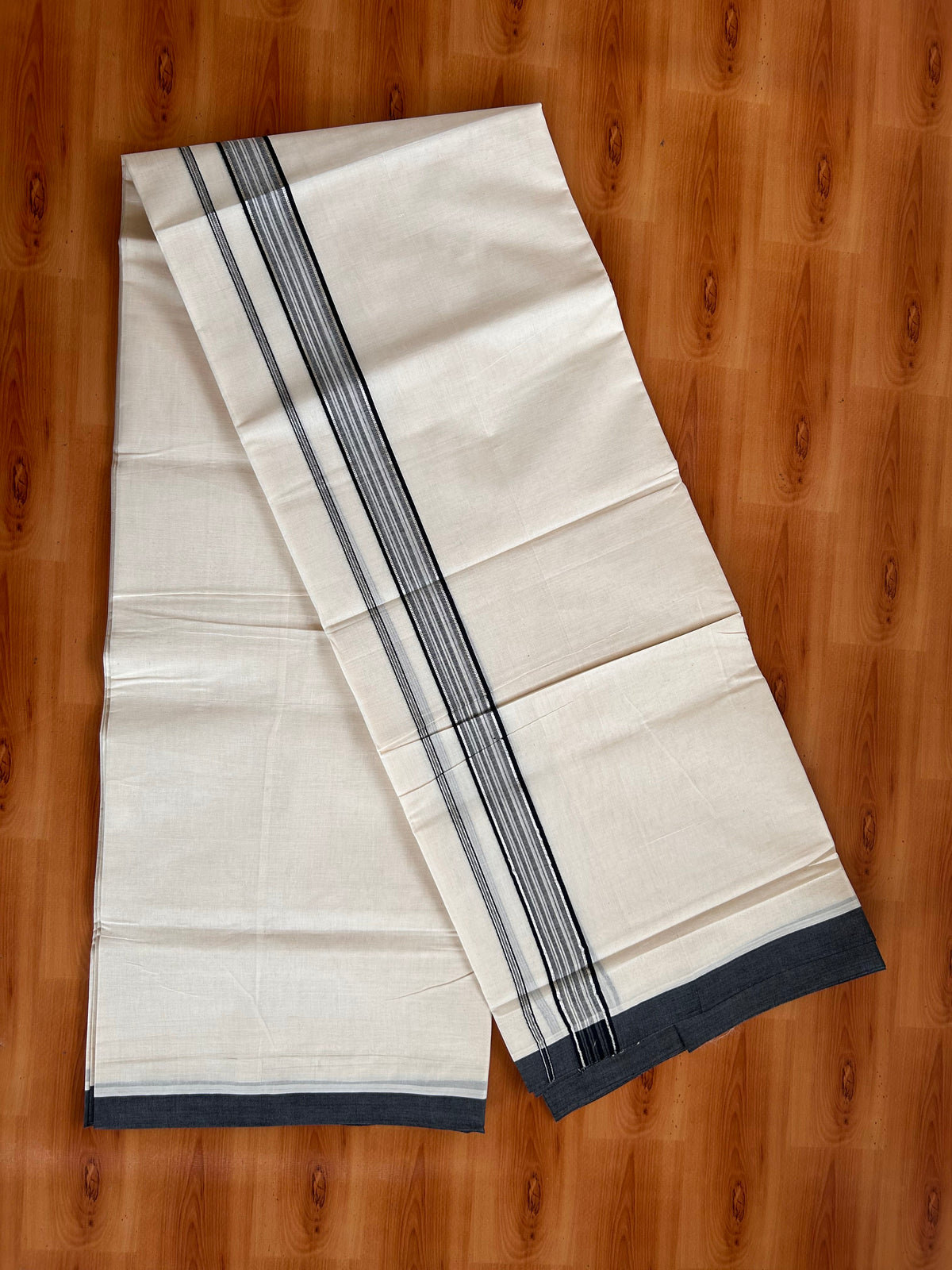 Double Off White (Unbleached) Mundu/Dhoti - 20% Discount! Kaitharikada 100% Pure Cotton - 100x80 - 1.25 inch Silver Kasav & Black striped shaded Kara 4 mtr (8.5 muzham) - 4 KK5540 PMC