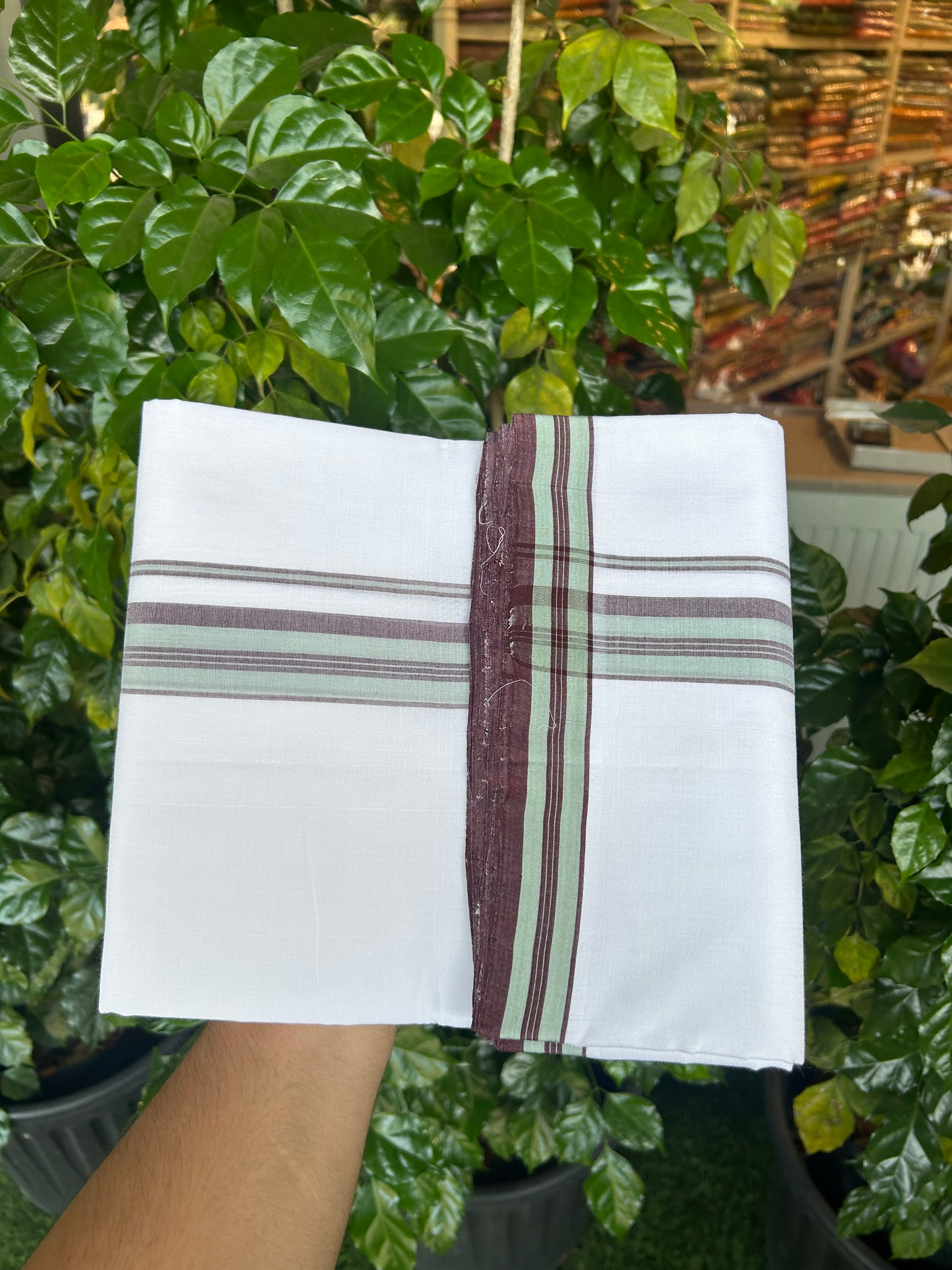 25% Discount!! New Ultra Pure White Thread Handloom - Kerala Handloom - 100% Mercerised Cotton Double Mundu/Dhoti - 120 twisted warp x 80s weft - 1.25 inch Chocolate Brown & Pastel Pista Green Stripes kara 3.80 mtr (8 Muzham) - 74 KK5353 REA