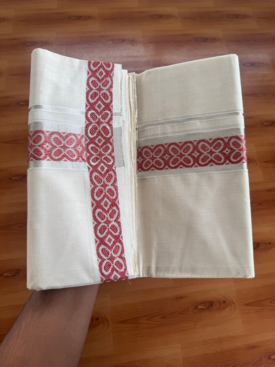 25% Discount ! Kaitharikada Handloom Unakkupaav - Kerala Handloom - 100% Pure Cotton Off White - (Unbleached) Double Mundu/Dhoti - 100x80 - 2 inch Silver Kasav & Brick Red Jacquard Design Kara 4 mtr (8.5 Muzham) - 5 KK5503 SOM