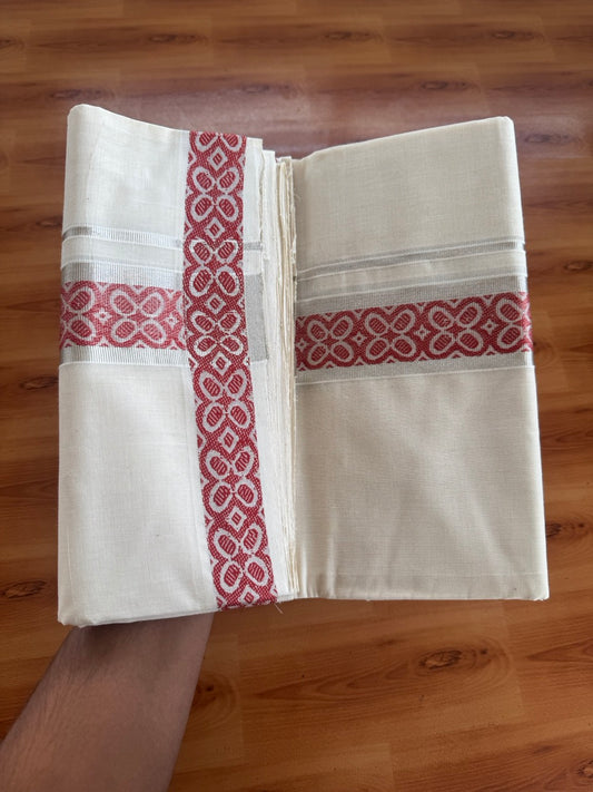 25% Discount ! Kaitharikada Handloom Unakkupaav - Kerala Handloom - 100% Pure Cotton Off White - (Unbleached) Double Mundu/Dhoti - 100x80 - 2 inch Silver Kasav & Brick Red Jacquard Design Kara 4 mtr (8.5 Muzham) - 5 KK5503 SOM