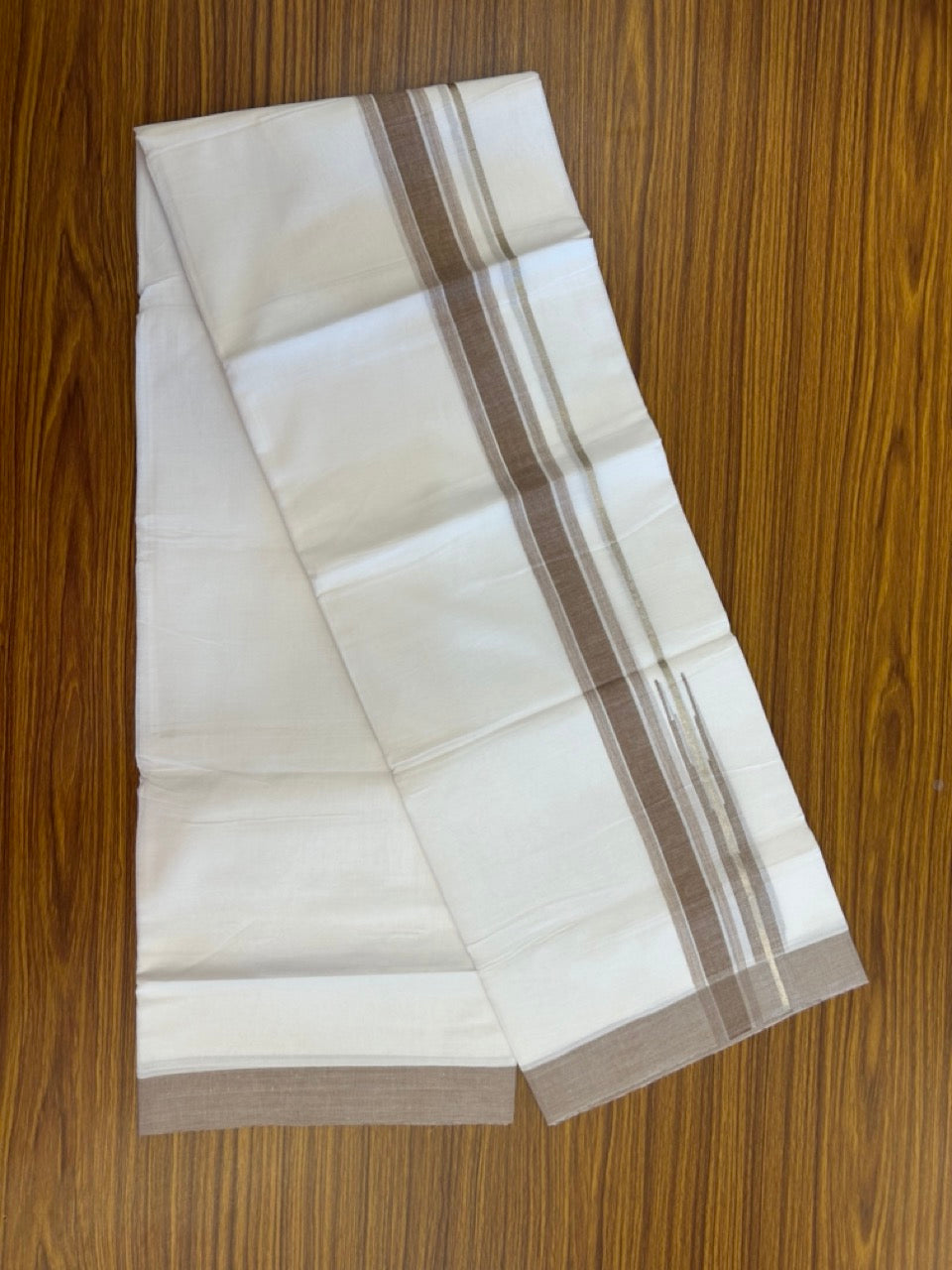 20% Discount ! Kaitharikada Balaramapuram 100% Pure Cotton Double Pure White Mundu/Dhoti - 100x80 - 1.5 inch Silver Kasav Brown shaded striped chutty 3.90 mtr (8.5 muzham) - 67 KK5287 PMC