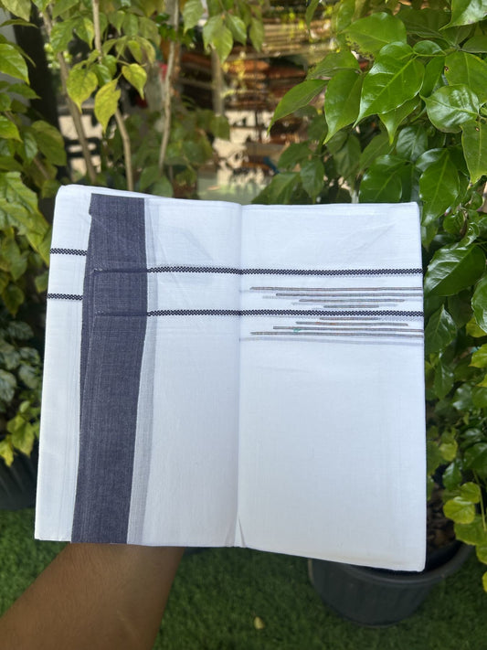 20% Discount ! Kaitharikada Balaramapuram 100% Cotton Pure White Double Mundu/Dothi - 100x80 - 1.5 inch Navy Blue & Multi Colour Stripes Design Kara 3.80 mtr (8 muzham) - 13 KK5323 THI