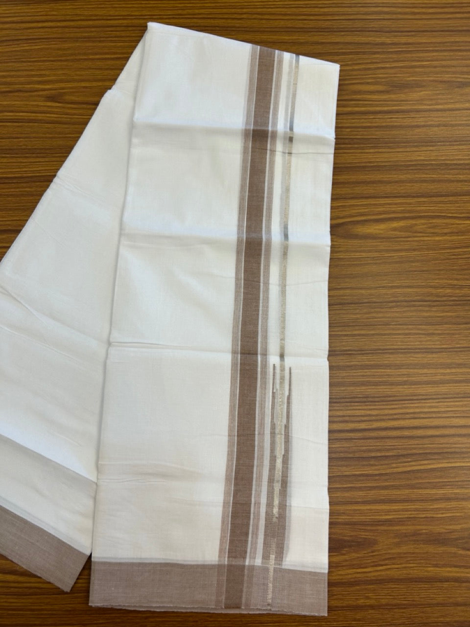20% Discount ! Kaitharikada Balaramapuram 100% Pure Cotton Double Pure White Mundu/Dhoti - 100x80 - 1.5 inch Silver Kasav Brown shaded striped chutty 3.90 mtr (8.5 muzham) - 67 KK5287 PMC