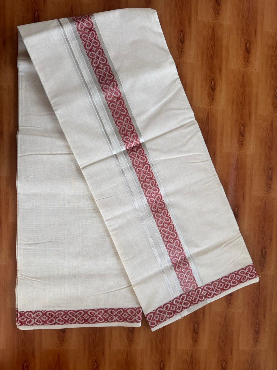 25% Discount ! Kaitharikada Handloom Unakkupaav - Kerala Handloom - 100% Pure Cotton Off White - (Unbleached) Double Mundu/Dhoti - 100x80 - 2 inch Silver Kasav & Brick Red Jacquard Design Kara 4 mtr (8.5 Muzham) - 5 KK5503 SOM