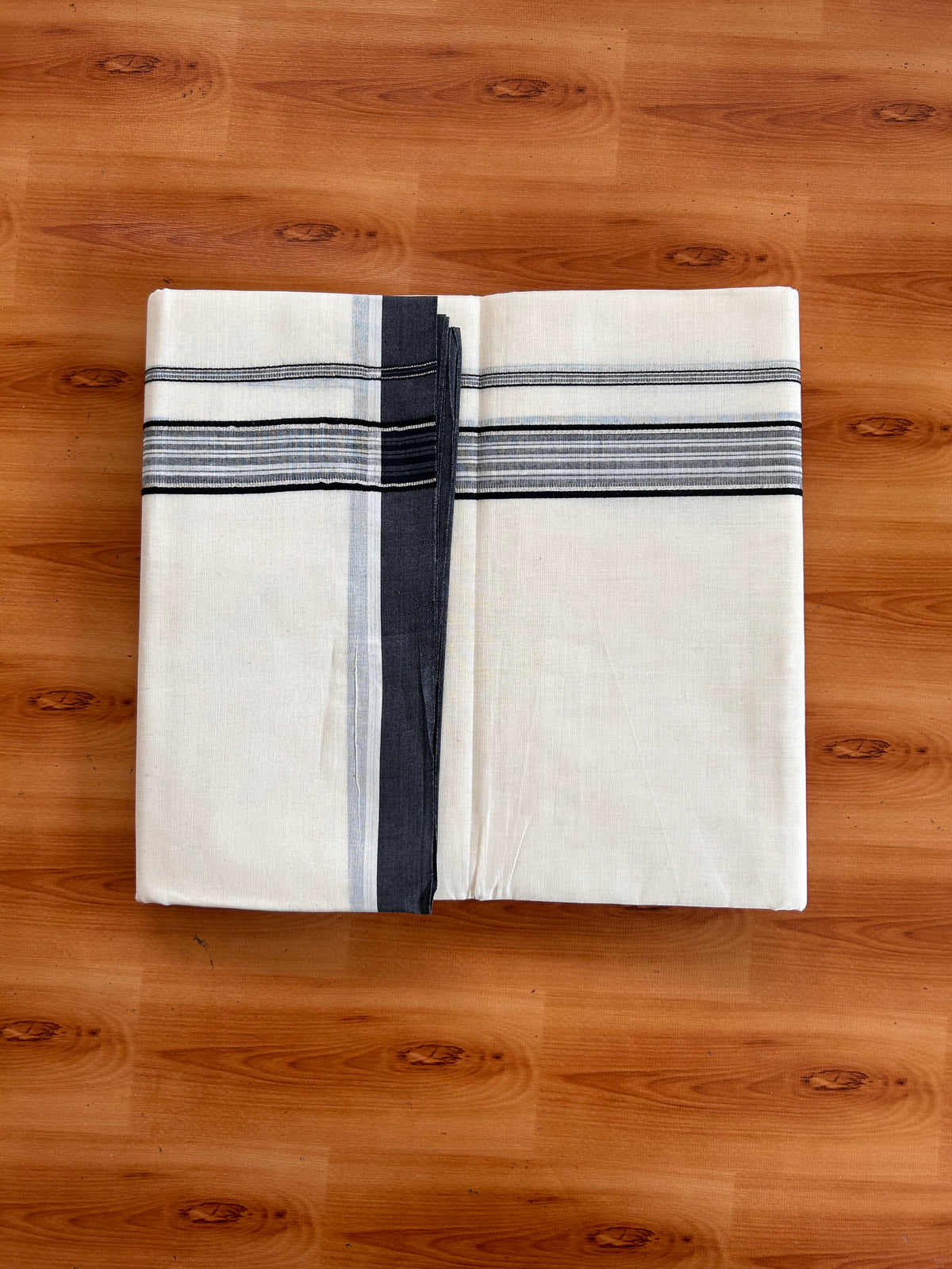 Double Off White (Unbleached) Mundu/Dhoti - 20% Discount! Kaitharikada 100% Pure Cotton - 100x80 - 1.25 inch Silver Kasav & Black striped shaded Kara 4 mtr (8.5 muzham) - 4 KK5540 PMC
