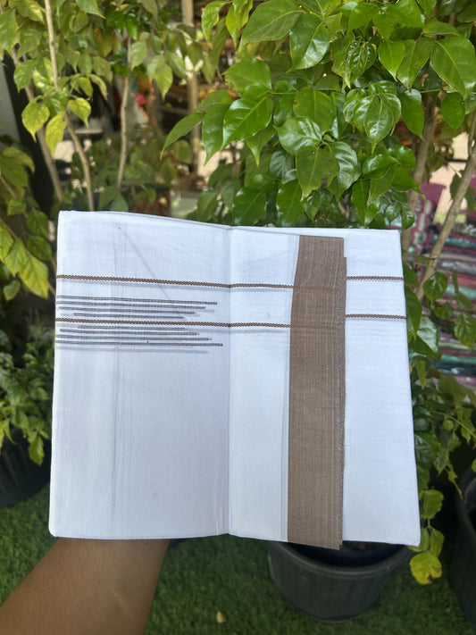 20% Discount ! Kaitharikada Balaramapuram 100% Cotton Pure White Double Mundu/Dothi - 100x80 - 1.5 inch Brown & Multi Colour Stripes Design Kara 3.80 mtr (8 muzham) - 12 KK5323 THI