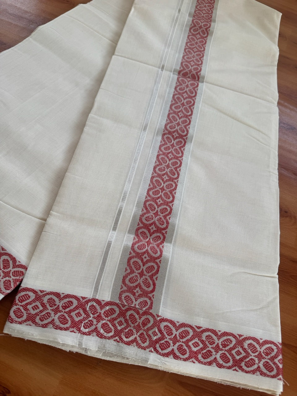 25% Discount ! Kaitharikada Handloom Unakkupaav - Kerala Handloom - 100% Pure Cotton Off White - (Unbleached) Double Mundu/Dhoti - 100x80 - 2 inch Silver Kasav & Brick Red Jacquard Design Kara 4 mtr (8.5 Muzham) - 5 KK5503 SOM