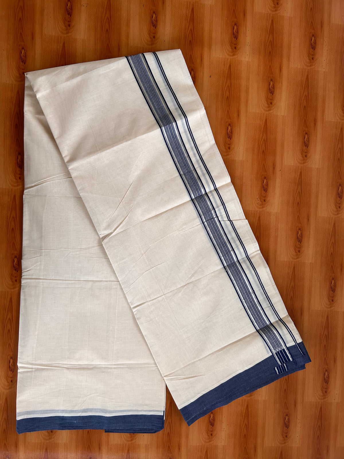 Double Off White (Unbleached) Mundu/Dhoti - 20% Discount! Kaitharikada 100% Pure Cotton - 100x80 - 1.25 inch Silver Kasav & Navy Blue striped shaded Kara 4 mtr (8.5 muzham) - 5 KK5540 PMC