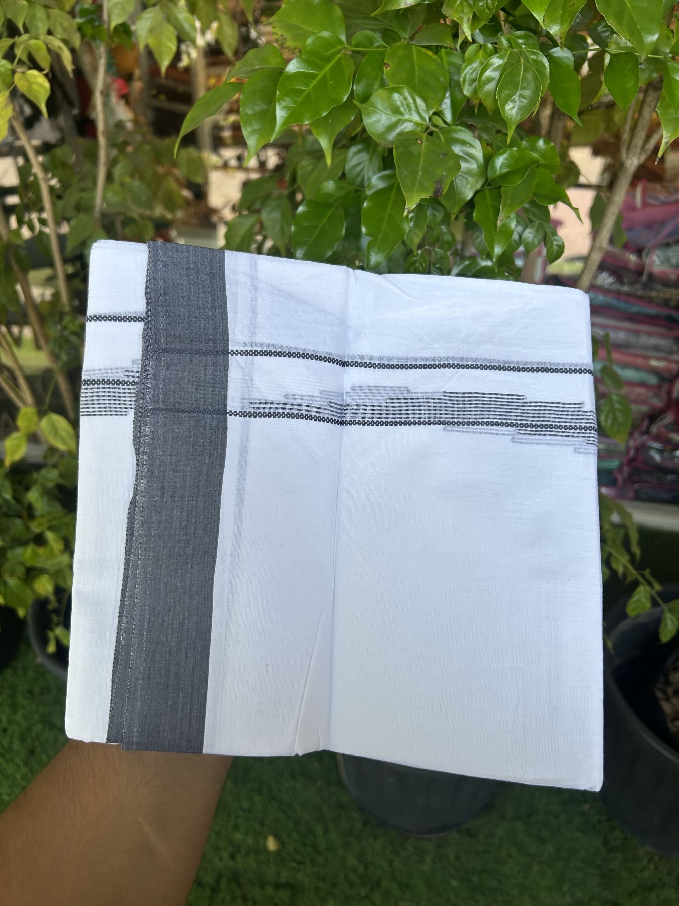 20% Discount ! Kaitharikada Balaramapuram 100% Cotton Pure White Double Mundu/Dothi - 100x80 - 0.75 inch Ash Blue Jacquard Stripes Design Kara 3.80 mtr (8 muzham) - 15 KK5323 THI