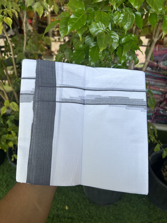 20% Discount ! Kaitharikada Balaramapuram 100% Cotton Pure White Double Mundu/Dothi - 100x80 - 0.75 inch Ash Blue Jacquard Stripes Design Kara 3.80 mtr (8 muzham) - 15 KK5323 THI