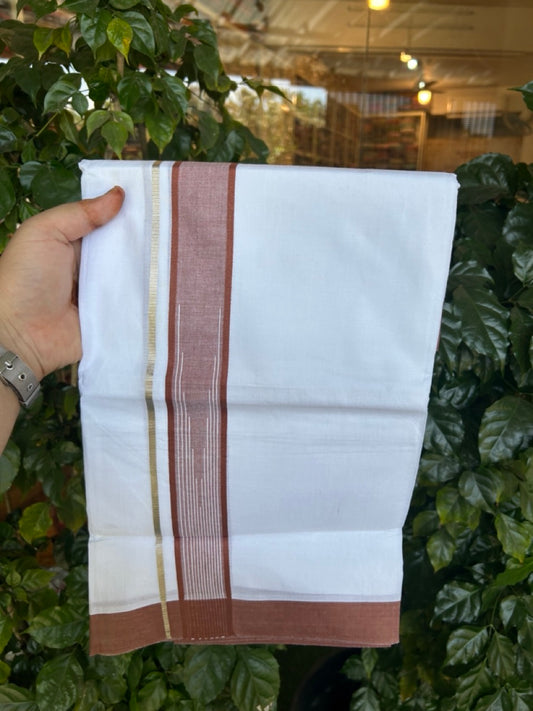 20% Discount ! Kaitharikada Balaramapuram 100% Pure Cotton Double Pure White Mundu/Dhoti - 100x80 - 1.5 inch Silver Kasav Brown shaded white striped chutty 3.90 mtr (8.5 muzham) - 48 KK5287 PMC