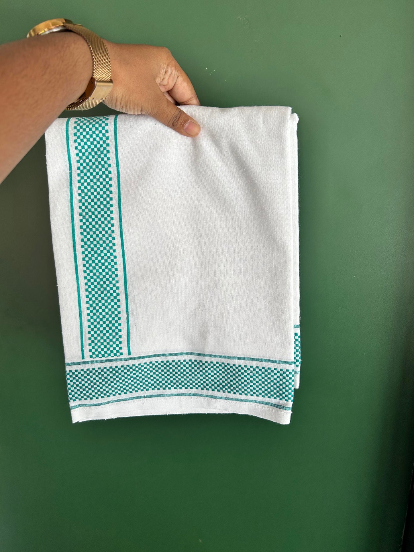 Kaitharikada - Single Kaily / Lungi - Mixed Cotton - 40s twisted - 2 inch Turquoise Blue Check Printed Design Kara with White colour body (2 meter / 4 muzham) -  44 KK8062 GAN