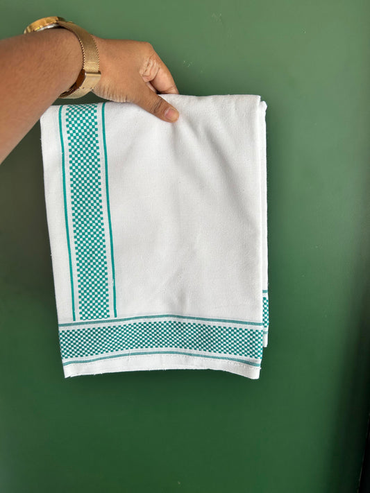 Kaitharikada - Single Kaily / Lungi - Mixed Cotton - 40s twisted - 2 inch Turquoise Blue Check Printed Design Kara with White colour body (2 meter / 4 muzham) -  44 KK8062 GAN