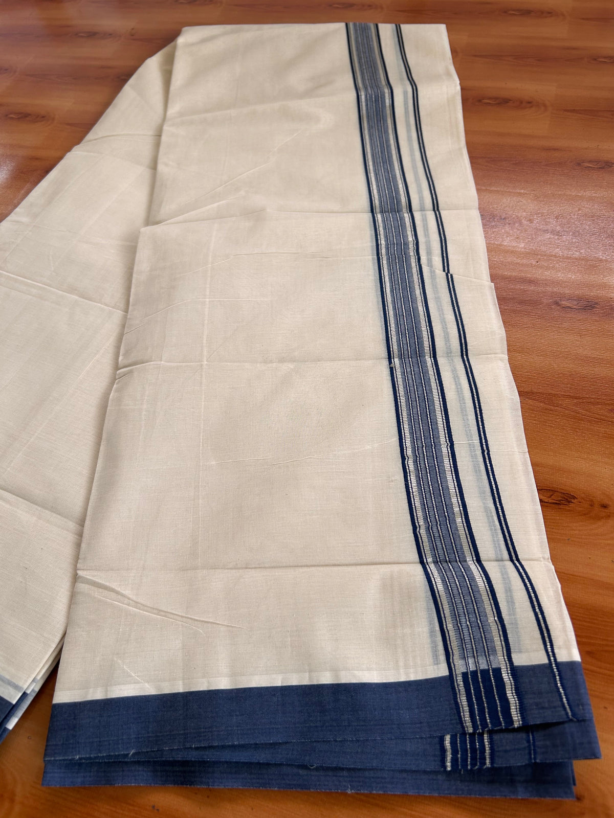 Double Off White (Unbleached) Mundu/Dhoti - 20% Discount! Kaitharikada 100% Pure Cotton - 100x80 - 1.25 inch Silver Kasav & Navy Blue striped shaded Kara 4 mtr (8.5 muzham) - 5 KK5540 PMC