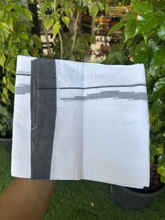 20% Discount ! Kaitharikada Balaramapuram 100% Cotton Pure White Double Mundu/Dothi - 100x80 - 0.75 inch Black Stripes Design Kara 3.80 mtr (8 muzham) - 14 KK5323 THI