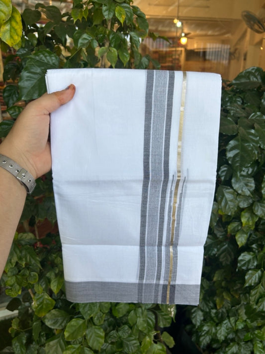 20% Discount ! Kaitharikada Balaramapuram 100% Pure Cotton Double Pure White Mundu/Dhoti - 100x80 - 1.5 inch Silver Kasav Black shaded striped chutty 3.90 mtr (8.5 muzham) - 64 KK5287 PMC