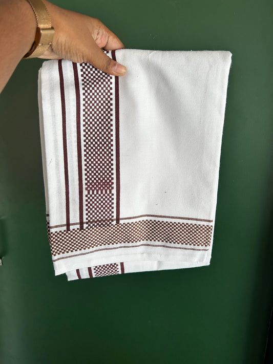 Kaitharikada - Single Kaily / Lungi - Mixed Cotton - 40s twisted - 2 inch Dark Brown Check Printed Design Kara with White colour body (2 meter / 4 muzham) -  45 KK8062 GAN