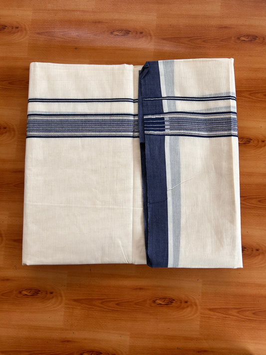 Double Off White (Unbleached) Mundu/Dhoti - 20% Discount! Kaitharikada 100% Pure Cotton - 100x80 - 1.25 inch Silver Kasav & Navy Blue striped shaded Kara 4 mtr (8.5 muzham) - 5 KK5540 PMC