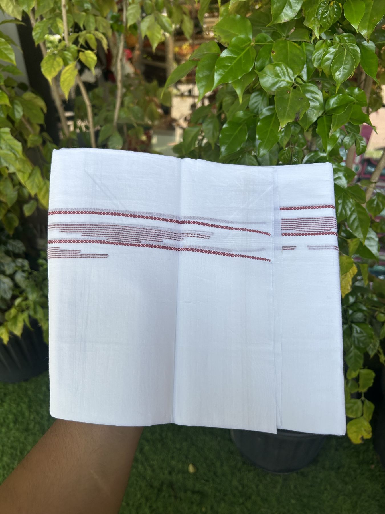 20% Discount ! Kaitharikada Balaramapuram 100% Cotton Pure White Double Mundu/Dothi - 100x80 - 0.75 inch Light Maroon Jacquard Stripes Design Kara 3.80 mtr (8 muzham) - 18 KK5323 THI