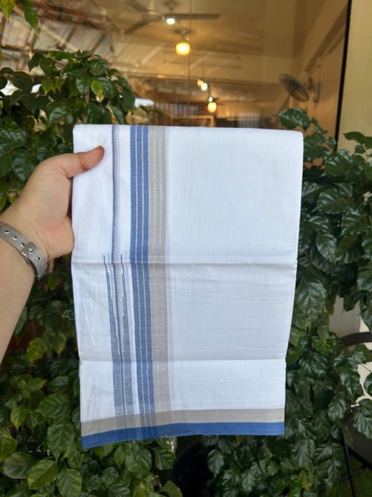 20% Discount ! Kaitharikada Balaramapuram 100% Pure Cotton Double Pure White Mundu/Dhoti - 100x80 - 1.5 inch Silver Kasav Blue & Ash Grey striped chutty 3.90 mtr (8.5 muzham) - 85 KK5287 PMC
