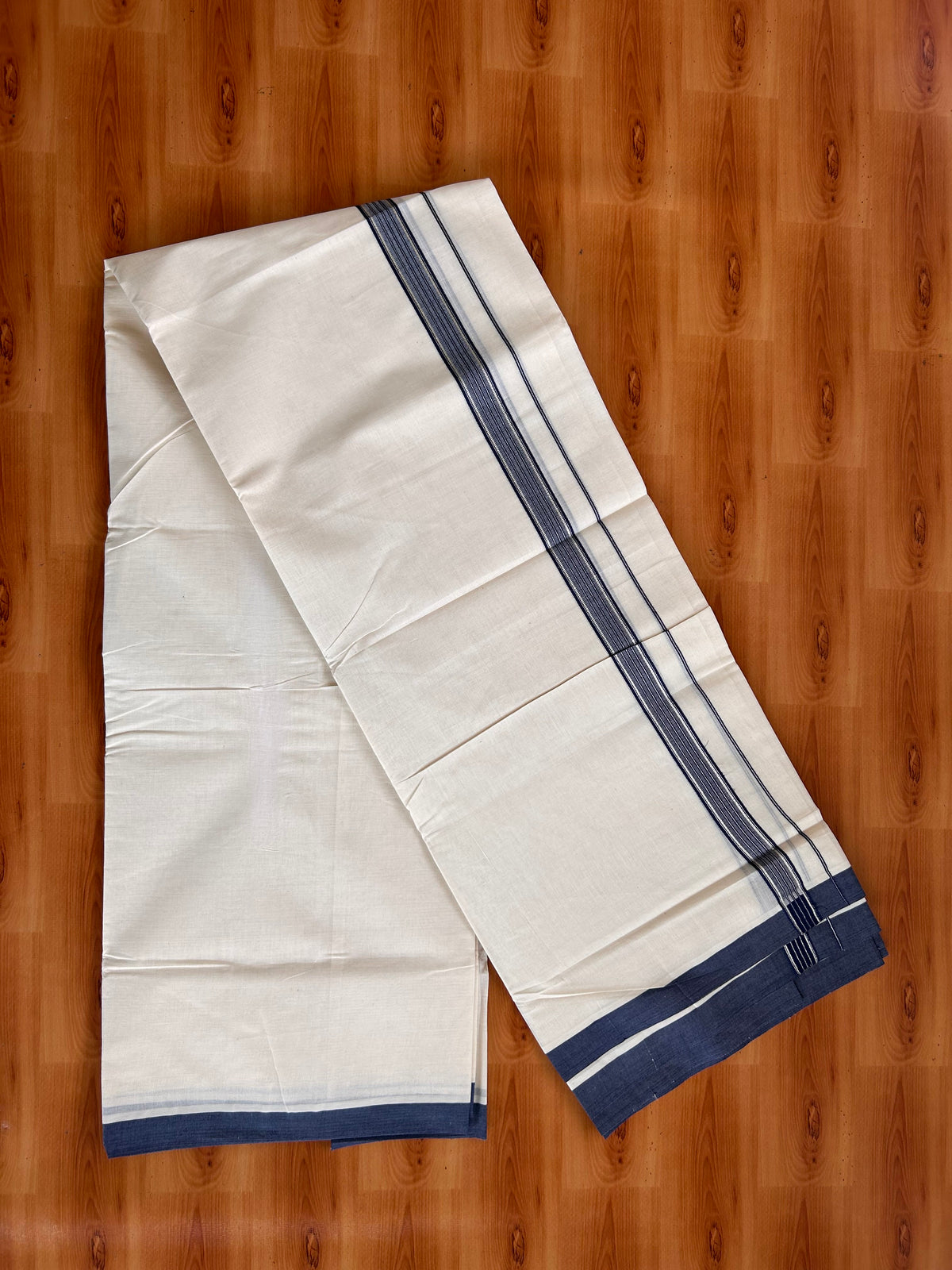 Double Off White (Unbleached) Mundu/Dhoti - 20% Discount! Kaitharikada 100% Pure Cotton - 100x80 - 1 inch Silver Kasav & Navy Blue striped shaded Kara 4 mtr (8.5 muzham) - 6 KK5540 PMC
