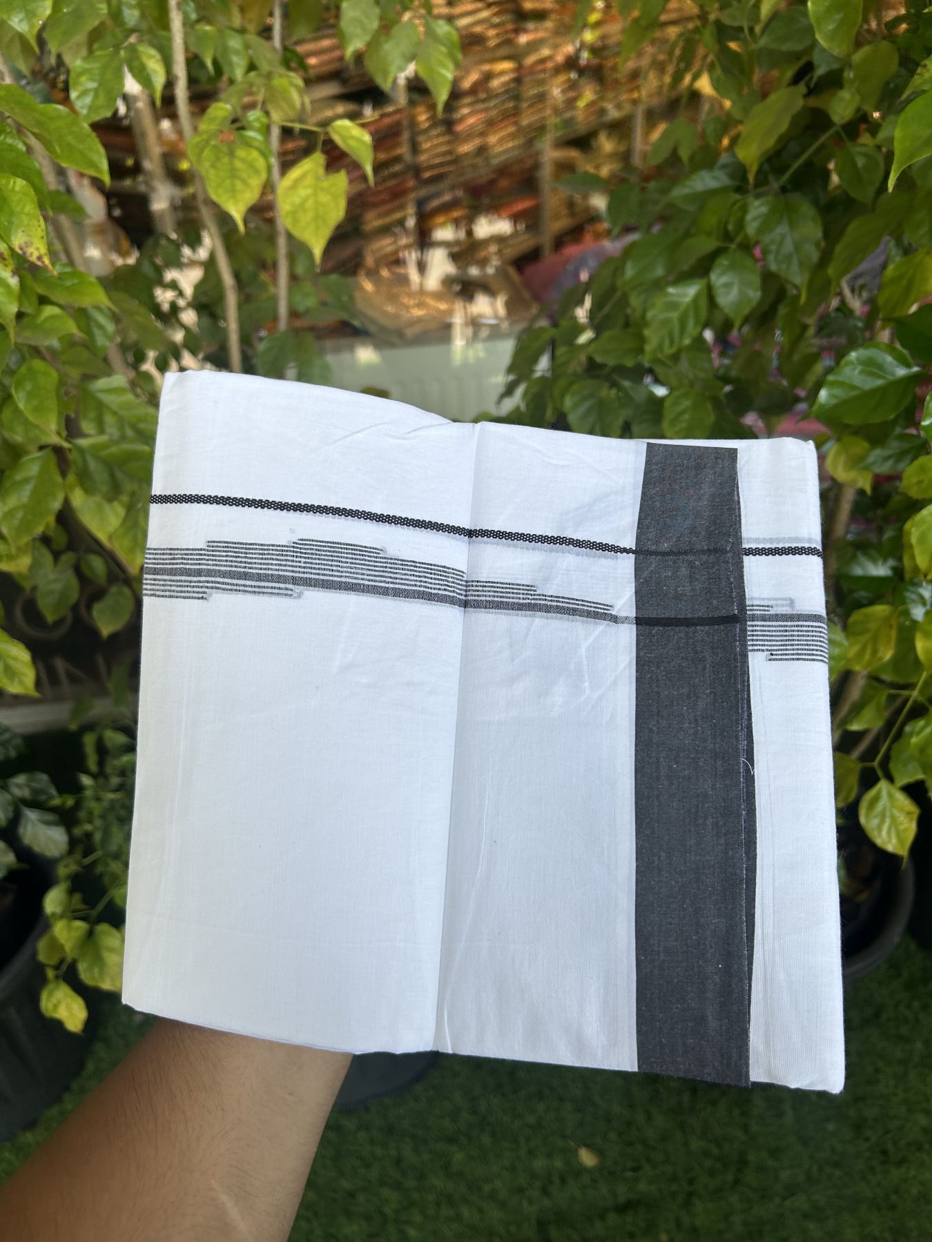 20% Discount ! Kaitharikada Balaramapuram 100% Cotton Pure White Double Mundu/Dothi - 100x80 - 0.75 inch Black Jacquard Stripes Design Kara 3.80 mtr (8 muzham) - 17 KK5323 THI