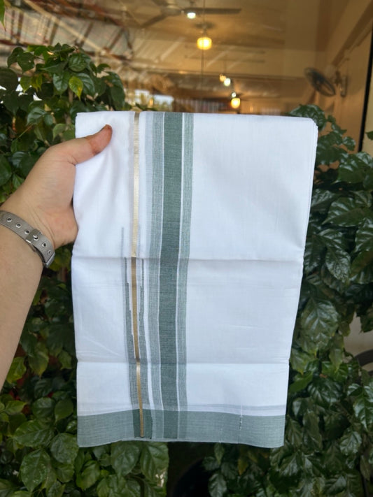 20% Discount ! Kaitharikada Balaramapuram 100% Pure Cotton Double Pure White Mundu/Dhoti - 100x80 - 1.5 inch Silver Kasav Green shaded striped chutty 3.90 mtr (8.5 muzham) - 66 KK5287 PMC