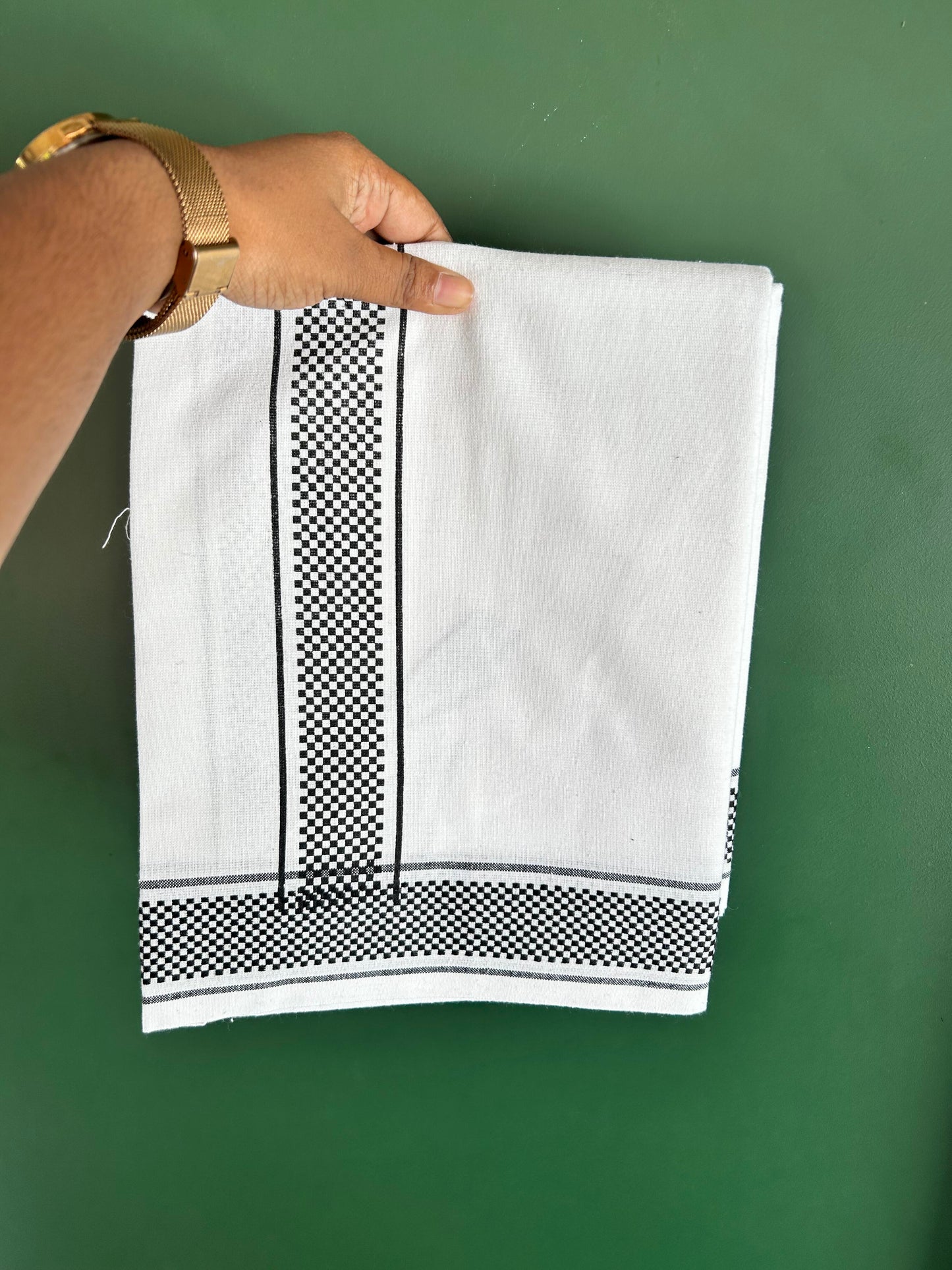 Kaitharikada - Single Kaily / Lungi - Mixed Cotton - 40s twisted - 2 inch Black Check Printed Design Kara with White colour body (2 meter / 4 muzham) -  46 KK8062 GAN