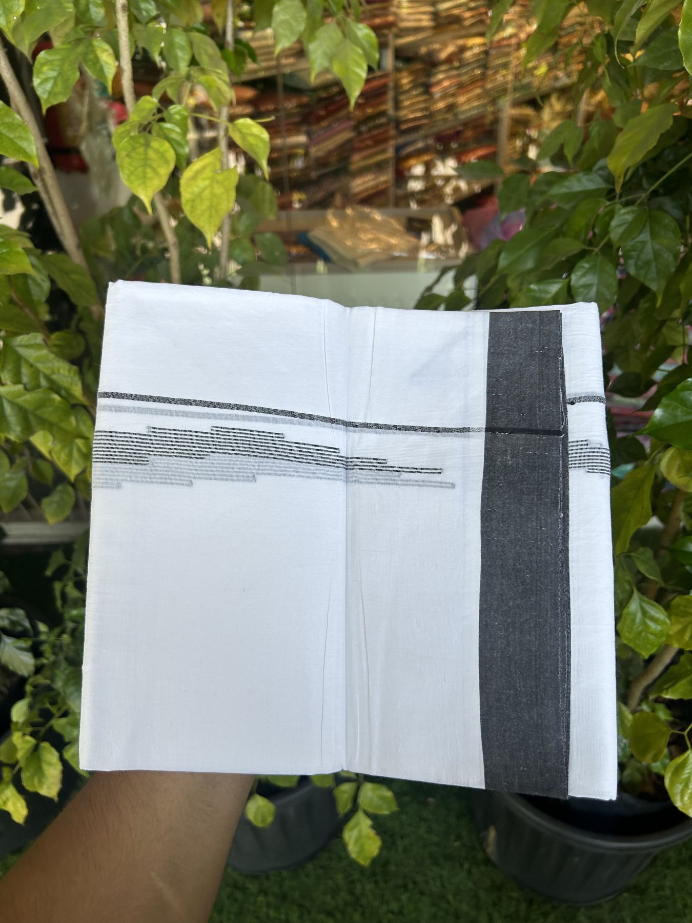 20% Discount ! Kaitharikada Balaramapuram 100% Cotton Pure White Double Mundu/Dothi - 100x80 - 0.75 inch Black Stripes Design Kara 3.80 mtr (8 muzham) - 16 KK5323 THI