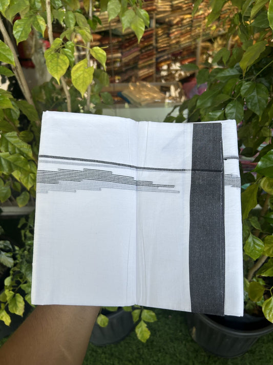 20% Discount ! Kaitharikada Balaramapuram 100% Cotton Pure White Double Mundu/Dothi - 100x80 - 0.75 inch Black Stripes Design Kara 3.80 mtr (8 muzham) - 16 KK5323 THI
