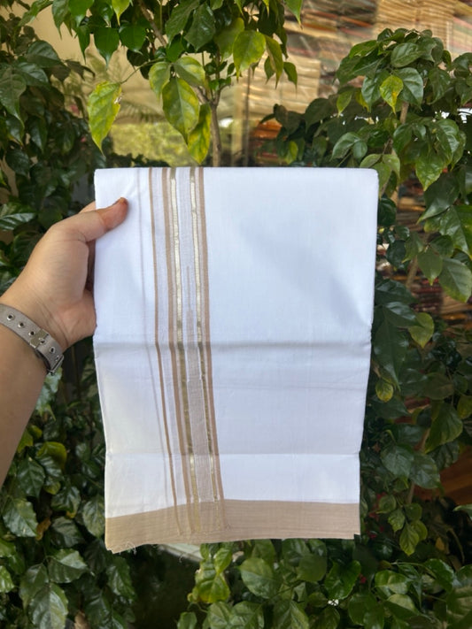 20% Discount ! Kaitharikada Balaramapuram 100% Pure Cotton Double Pure White Mundu/Dhoti - 100x80 - 1.5 inch Silver Kasav Light Brown shaded striped temple chutty 3.90 mtr (8.5 muzham) - 68 KK5287 PMC