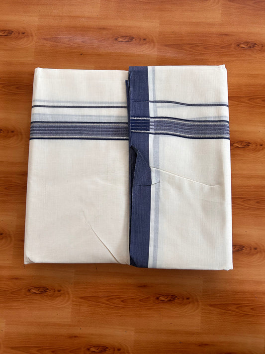 Double Off White (Unbleached) Mundu/Dhoti - 20% Discount! Kaitharikada 100% Pure Cotton - 100x80 - 1 inch Silver Kasav & Navy Blue striped shaded Kara 4 mtr (8.5 muzham) - 6 KK5540 PMC