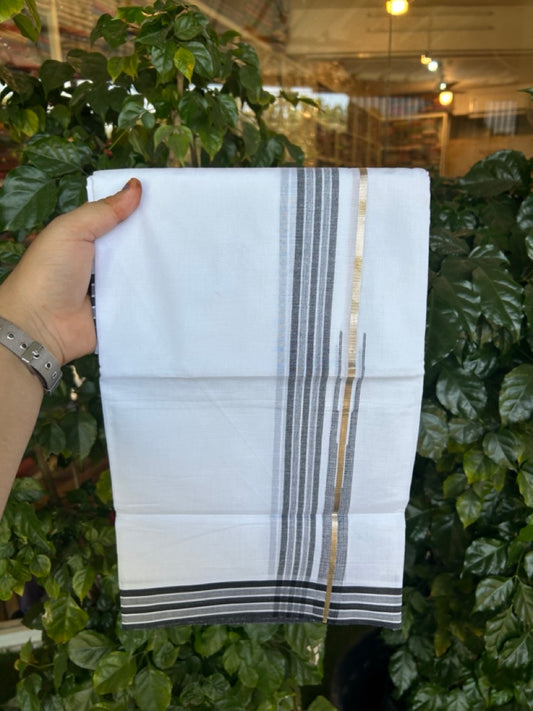 20% Discount ! Kaitharikada Balaramapuram 100% Pure Cotton Double Pure White Mundu/Dhoti - 100x80 - 1.25 inch Silver Kasav Black shaded striped chutty 3.90 mtr (8.5 muzham) - 65 KK5287 PMC