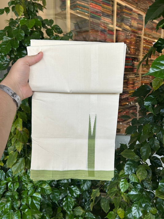 25% Discount!! KaithariKada Handloom Unakkupaav - Kerala Handloom - 100% Pure Cotton Off White - (Unbleached) Double Mundu/Dothi - 100x80 - 0.75 inch Puliyilakkara Light Green Chutty Kara 4 mtr (8.5 muzham) - 46 KK5353 REA