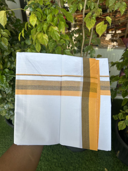 20% Discount ! Kaitharikada Balaramapuram 100% Cotton Pure White Double Mundu/Dothi - 100x80 - 1.5 inch Light Orange & Black Striped Kara 3.80 mtr (8 muzham) - 11 KK5323 VAS