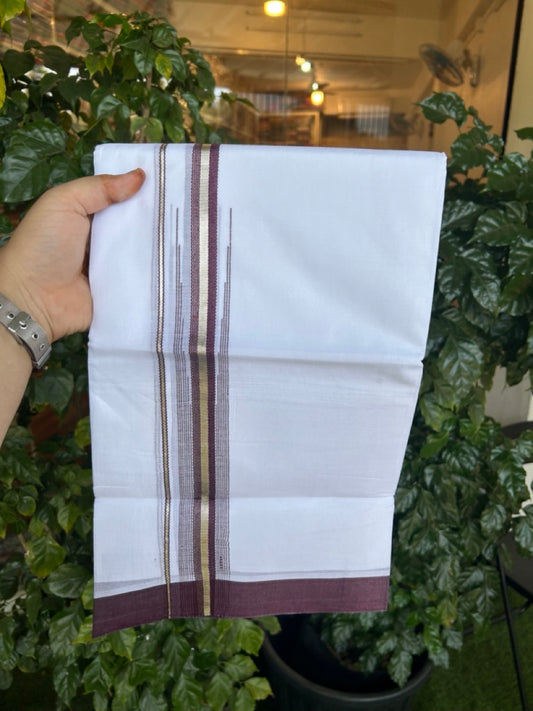 20% Discount ! Kaitharikada Balaramapuram 100% Pure Cotton Double Pure White Mundu/Dhoti - 100x80 - 1.5 inch Silver Kasav Dark Purple striped chutty 3.90 mtr (8.5 muzham) - 87 KK5287 PMC