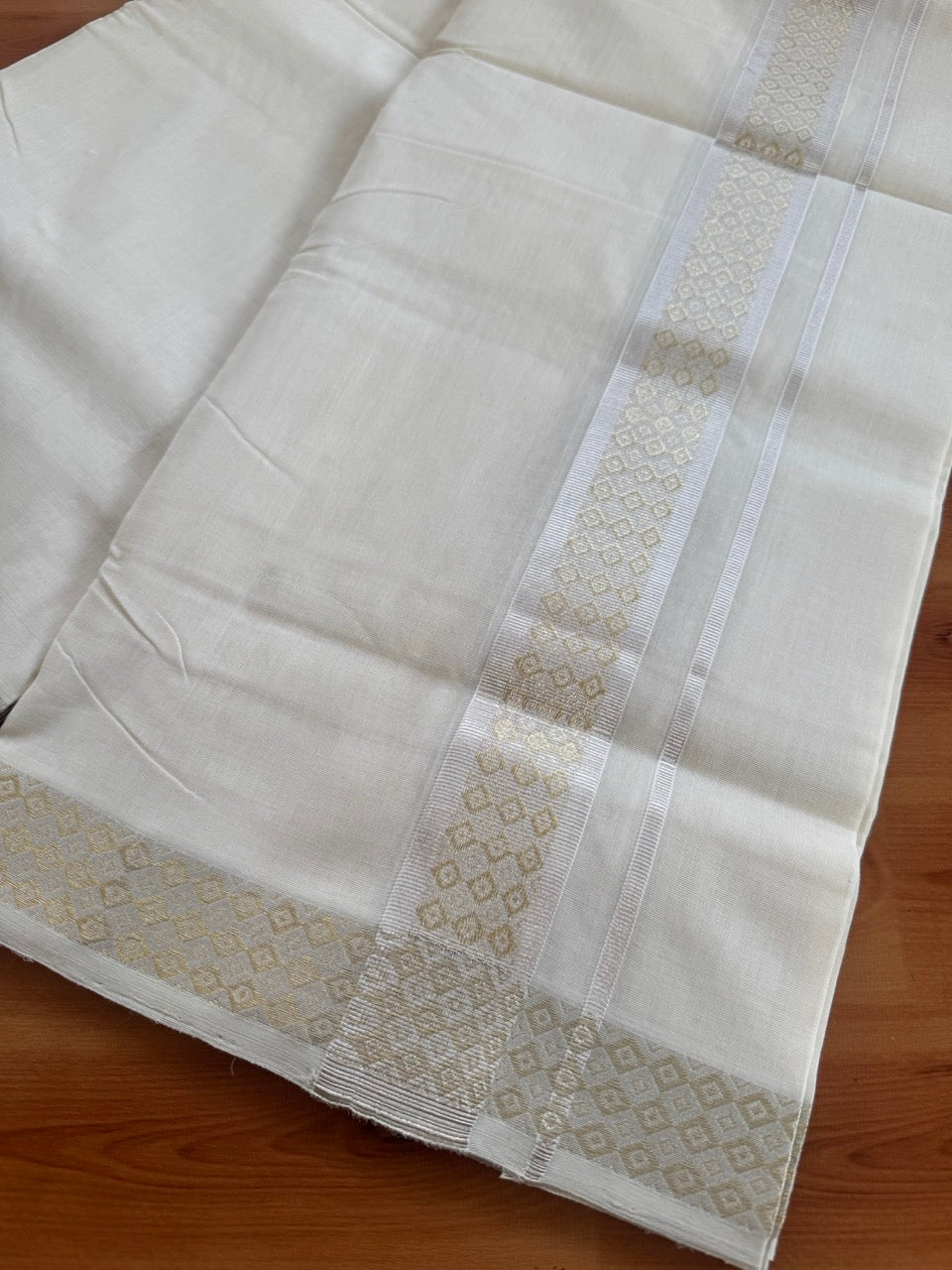 25% Discount ! Kaitharikada Handloom Unakkupaav - Kerala Handloom - 100% Pure Cotton Off White - (Unbleached) Double Mundu/Dhoti - 100x80 - 1.75 inch Light Gold Kasav & Silver Kasav Jacquard Design Kara 4 mtr (8.5 Muzham) - 9 KK5503 SOM
