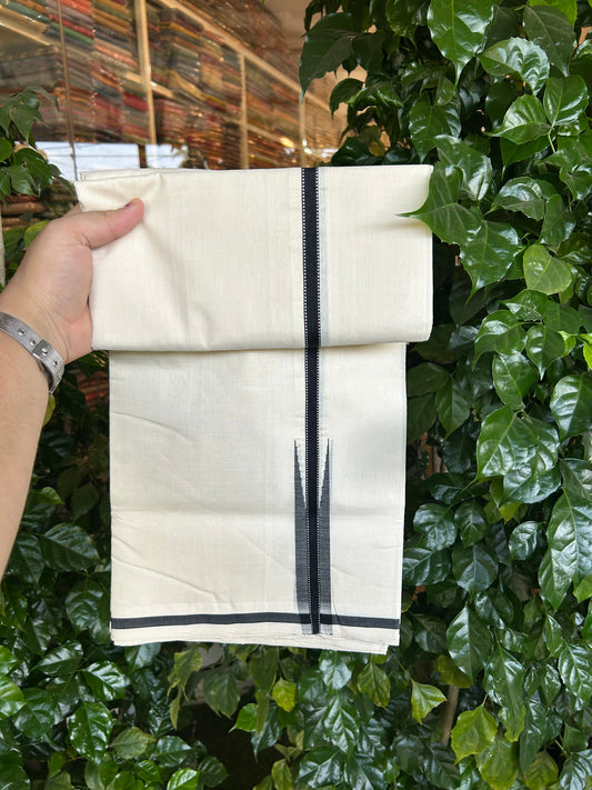 25% Discount!! KaithariKada Handloom Unakkupaav - Kerala Handloom - 100% Pure Cotton Off White - (Unbleached) Double Mundu/Dothi - 100x80 - 1 inch Puliyilakkara  Black Chutty Kara 4 mtr (8.5 muzham) - 50 KK5353 REA