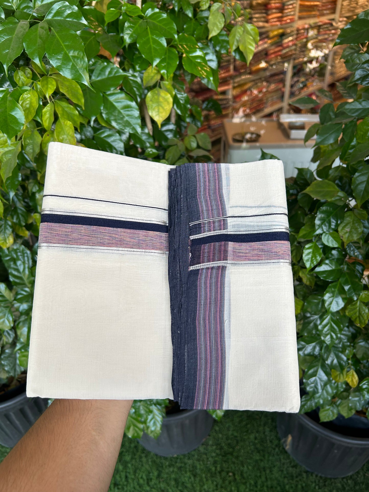 25% Discount!! KaithariKada Handloom Unakkupaav - Kerala Handloom - 100% Pure Cotton Off White - (Unbleached) Double Mundu/Dothi - 100x80 - 1.5 inch Silver Kasav Navy Blue & Multi Colour Shaded Kara 4 mtr (8.5 muzham) - 56 KK5353 REA